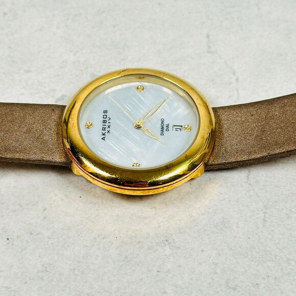 Arkibos Watch Womens 37mm Date MOP Diamond Dial Round Gold Tone New Battery - Picture 2 of 11
